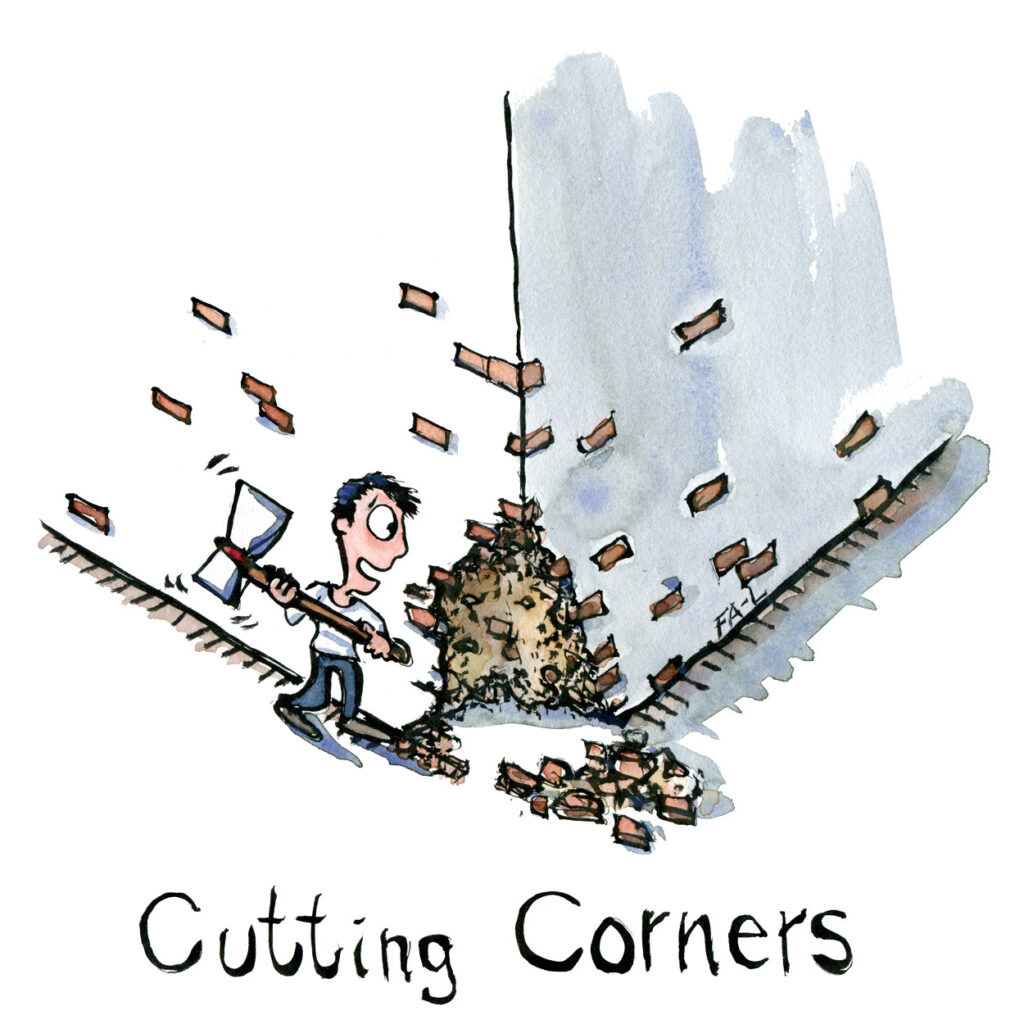 Cartoon of a person knocking down the corner of a building, symbolizing the act of cutting corners in Medicaid dental offices.